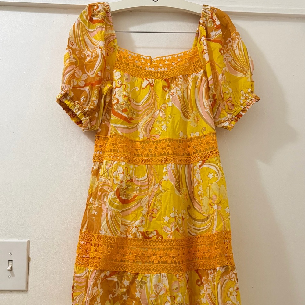 Hale Bob Yellow Paisley Midi Dress with Crochet Waistband